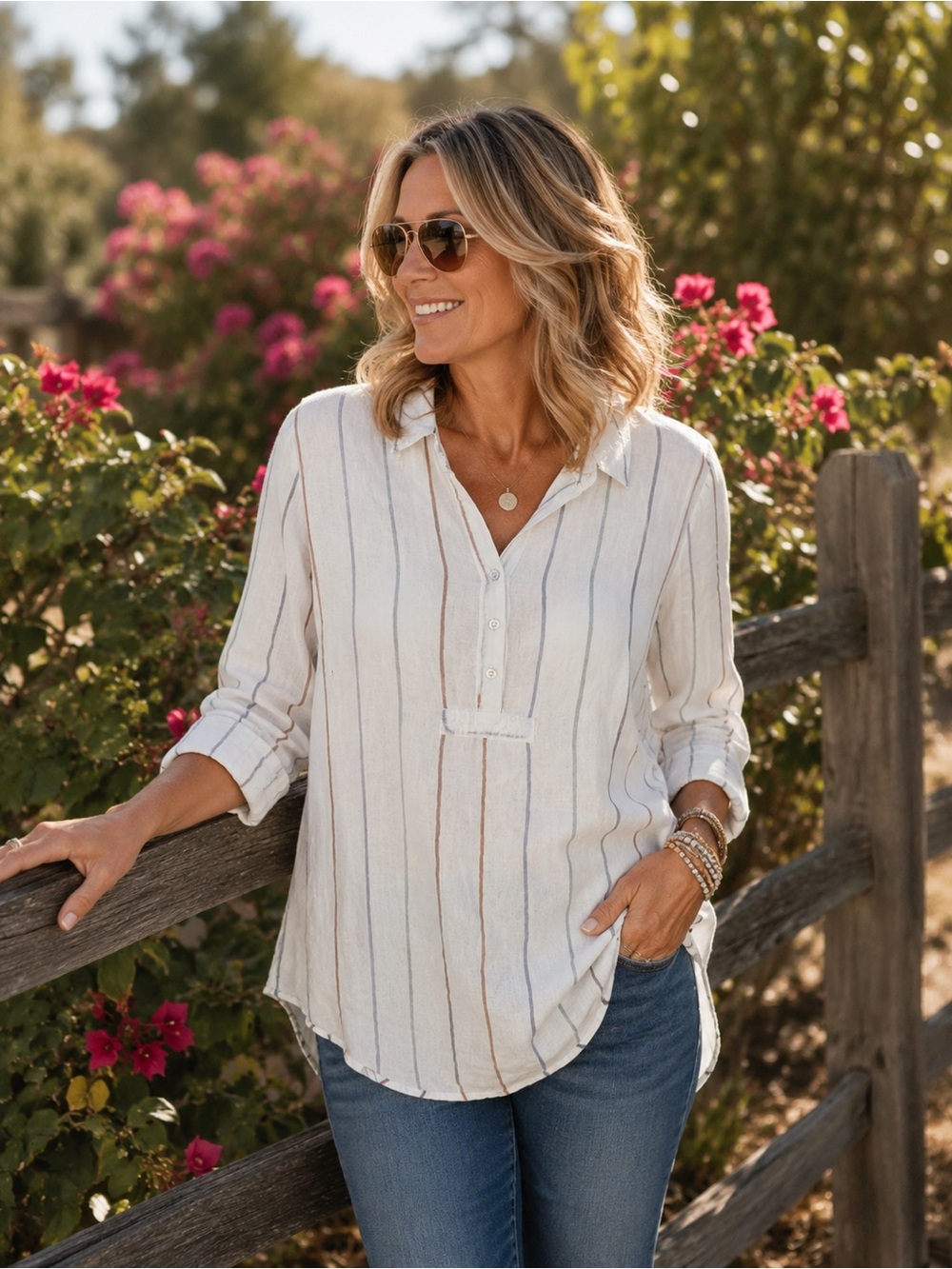Artisan Ny Cream Striped Button-Front Women's Shirt 100% linen sz M